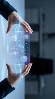Businesswoman holding glowing holographic display with digital fish icons and network particles, representing technology, data analytics, and innovation in modern corporate environment.