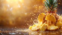 Fresh pineapple slices with water splashes and drops on golden bokeh background, dynamic fruit composition with juice spray in sunlight.