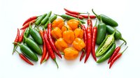 Assorted fresh chili peppers and habaneros arranged on white background, including red, green and orange varieties for culinary and food styling use.