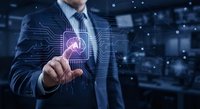 Businessman touching AI chip icon with neural network connections in futuristic digital technology interface for artificial intelligence solutions.