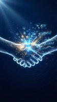 Digital handshake with glowing data icons and global network connections representing business partnership and technology collaboration.