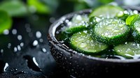 Fresh sliced cucumber with water drops and salt in black stone bowl on dark background, macro food photography for restaurant menu and cooking blogs.