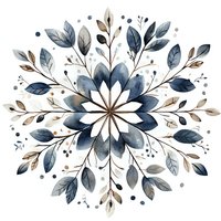 Delicate watercolor mandala in navy blue and beige tones featuring symmetrical floral pattern with leaves, dots and botanical elements on white background.