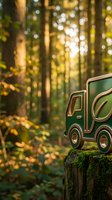 Green eco-friendly delivery truck symbol on moss-covered wooden post in sunlit forest representing sustainable logistics and environmental transport solutions.