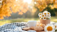 Morning coffee and fresh chamomile flowers on checkered blanket with cookies outdoors. Cozy autumn picnic setting with golden bokeh background in park.