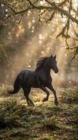 Majestic black horse galloping through enchanted forest with golden sunlight filtering through moss-covered branches creating magical atmosphere.