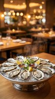 Fresh oysters on ice platter with lemon and herbs served in upscale restaurant with warm ambient lighting and blurred dining room background.