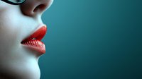 Close-up profile view of bright red lips and pale skin against turquoise background, creating dramatic contrast for beauty and cosmetic industry visuals.
