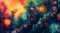 Vibrant cosmic abstract with glowing orbs and swirling nebulae in deep turquoise and orange hues, featuring ethereal patterns and luminous celestial formations. For wall art.