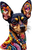 Vibrant folk art style Chihuahua portrait with colorful floral Mexican-inspired patterns and decorative elements perfect for pet-themed merchandise, prints and creative projects.