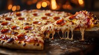 Hot pepperoni pizza with melted mozzarella cheese and stretchy cheese pull on dark background with bokeh lights creating cozy restaurant atmosphere.