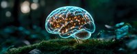 Glowing brain shape with golden neural connections on green moss in dark forest environment, representing artificial intelligence and natural consciousness.