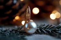 Elegant pearl pendant on silver chain against pine branches with soft golden bokeh lights creating magical holiday atmosphere and luxury jewelry mood.
