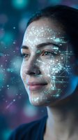 Young woman with digital facial recognition technology overlay and futuristic holographic interface projection for cybersecurity and biometric authentication concepts.