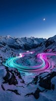Neon light trails curve through snow-covered alpine valley at dusk, with moon rising above jagged peaks. Long exposure photography captures glowing cyan and magenta paths winding across frozen landscape for artistic, surreal winter scenes.
