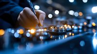 Professional businessman hand writing on digital tablet with stylus pen in modern office environment with bokeh lights background for business technology concepts.
