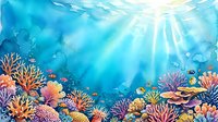 Vibrant underwater coral reef scene with colorful marine life, tropical fish, and sunlight rays penetrating crystal clear ocean water for diving themes.