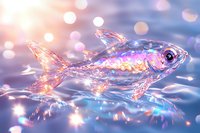 Luminescent crystal fish swimming in magical waters with glowing sparkles and bokeh effects, featuring iridescent scales and ethereal light reflections in pink and blue tones.