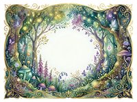 Enchanted forest frame with ornate golden border, magical woodland scene, fairy tale garden with purple flowers and lush greenery for fantasy designs.