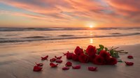 Red roses with scattered petals on sandy beach at golden sunset with ocean waves creating romantic seaside atmosphere for Valentine's Day celebrations.