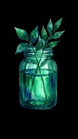 Green plant stems in glass jar with water, isolated on transparent background. Ready for t-shirt designs, stickers, clipart, print-on-demand products and sublimation projects.