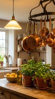 Rustic kitchen interior with copper pots hanging from rack, herbs in terracotta pots on wooden counter, warm pendant lighting creating cozy cooking atmosphere.