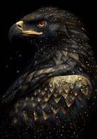 Majestic eagle head with golden glitter effect on black background, dramatic side profile showing detailed feathers and piercing amber eye. Artistic wildlife illustration.