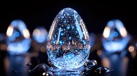 Magical crystal egg with sparkling blue light and glitter inside on dark background with bokeh reflections, mystical fantasy concept for spiritual designs.