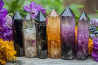 Crystal healing points collection with smoky quartz, citrine and amethyst towers arranged on rustic wood surface among purple and yellow flowers in garden setting.
