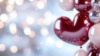 Shiny red heart-shaped decorations with glitter and bokeh lights in soft focus background create romantic holiday atmosphere for Valentine's Day or wedding design.