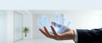 Businessman hand presenting holographic digital network connections in modern office environment for technology and innovation concepts.