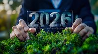 Business professional hands protecting holographic 2026 display above green plants symbolizing sustainable future growth and environmental planning.