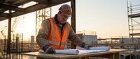 Senior construction manager reviewing architectural blueprints at building site during golden hour sunset with safety vest and hard hat.