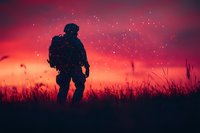Silhouette of military soldier with tactical gear standing in field against dramatic red sunset sky with glowing particles, creating atmospheric warfare scene.