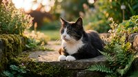 Tuxedo cat resting on a mossy stone wall in a lush garden, bathed in warm golden sunlight among green ferns and wildflowers.