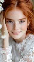 Young redhead woman with freckles and blue eyes wearing white lace dress surrounded by daisy flowers in natural outdoor portrait for beauty and skincare.