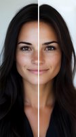 Split portrait showing skin tone and freckles comparison on mixed race woman with dark hair and natural makeup, smiling against white background.
