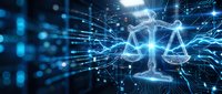 Digital justice scales with glowing network connections and data streams representing legal technology, artificial intelligence in law, and modern judicial systems.