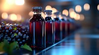 Dark glass bottles with elderberry syrup or tincture lined up in row, fresh berries and bokeh lights in background, selective focus on foreground bottle.