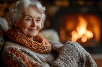 Senior woman with gray hair wearing cozy knit sweater and scarf relaxing by warm fireplace, expressing contentment and joy in comfortable home setting.