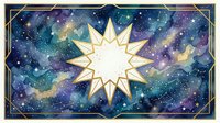 Golden star burst radiating bright light against cosmic galaxy background with purple blue nebula clouds and sparkling stars in ornate frame.