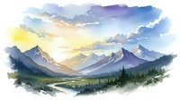 Watercolor mountain landscape with sunrise, misty peaks, forest valley and river flowing through scenic wilderness on white background.