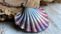 Iridescent seashell pendant necklace with metallic blue and pink pearl finish on silver chain against rustic wooden background, showcasing delicate scalloped texture.