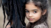 Young girl with long dark hair and gentle smile standing next to black horse, creating emotional connection between child and animal in soft natural lighting.