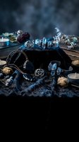 Mystical altar setup with crystals, pentagram symbols, candles and ritual tools on dark wooden surface for spiritual practices and witchcraft ceremonies.