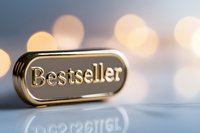 Golden bestseller badge on reflective surface with soft bokeh background lights creates elegant business success concept for marketing and achievement.