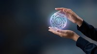 Businessman hands protecting glowing AI brain hologram with neural network connections on dark background for technology and artificial intelligence concepts.