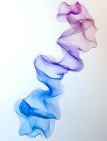 Ethereal flowing smoke effect transitioning from purple to blue tones against white background, creating delicate transparent waves and curves for artistic designs.