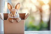 Adorable light brown bunny rabbit peeking out of cardboard box with paws hanging over edge against soft bokeh background, creating heartwarming pet photography moment.