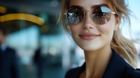 Young blonde businesswoman wearing stylish round sunglasses and navy blazer smiling confidently in modern office environment with blurred background.